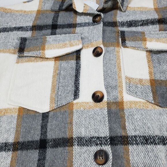 Miss Sparkling Shacket Coat Jacket Womens Large Flannel Long Plaid Tan Grey New - Picture 7 of 15